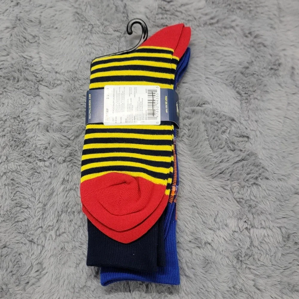 Polo Ralph Lauren Socks Mens 10-13 Multicolor Striped Plaid Pony Crew 2 Pairs